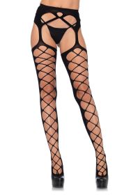 Diamond Net Opaque Stockings With Attached Garter