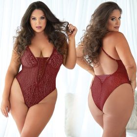 Allure Leopard Lace Up Teddy (Option: Burgundy 2X/3XBoxed)
